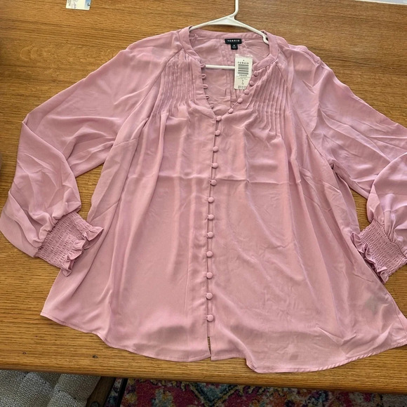 TORRID NWT Georgette smocked blouson sleeve blouse in mauve mist 23” p2p sz 12 - Picture 5 of 12